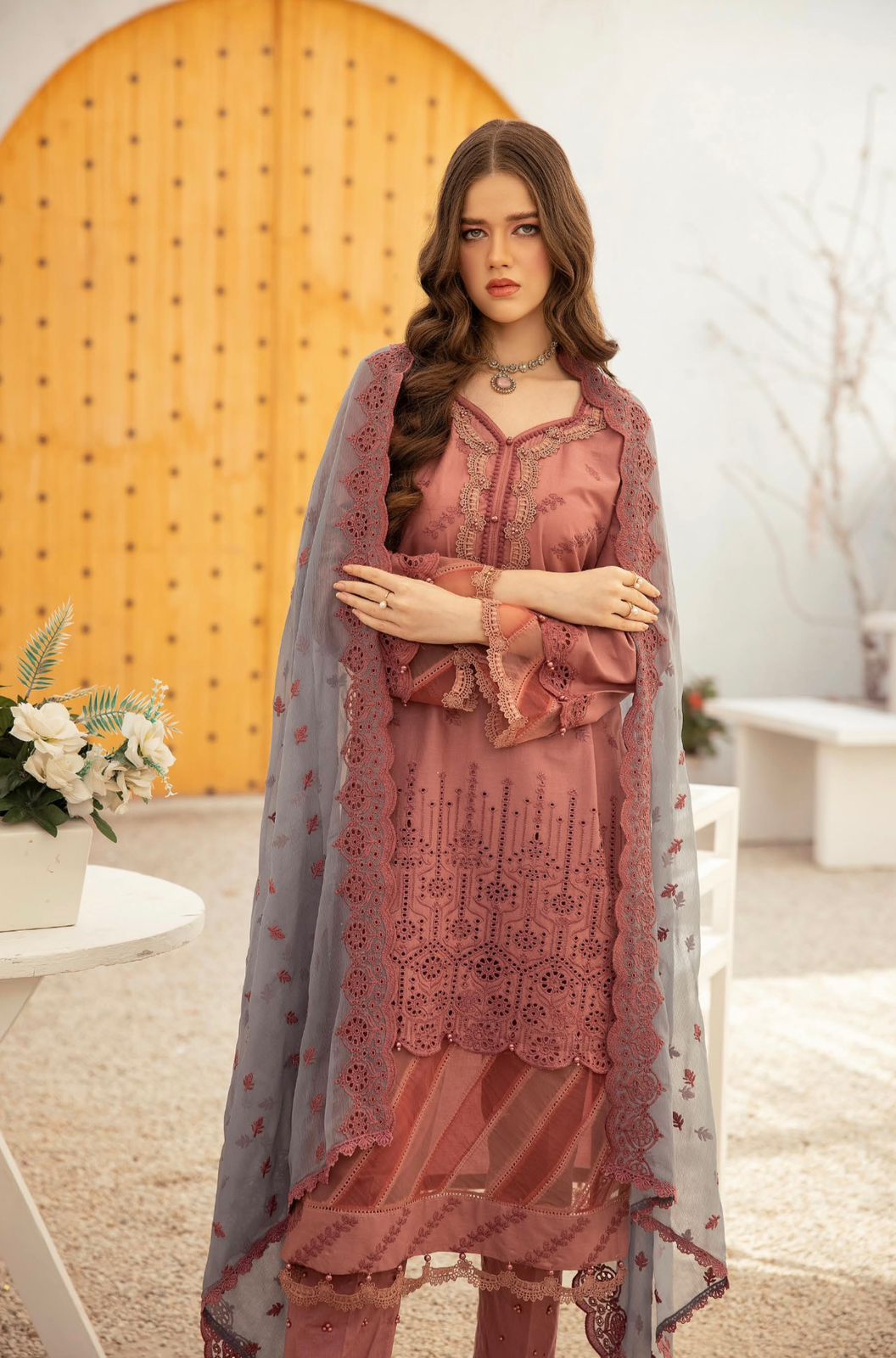 Ally’s Chikankari Embroidered Shirt with Embroidered Chiffon Dupatta 3 Piece