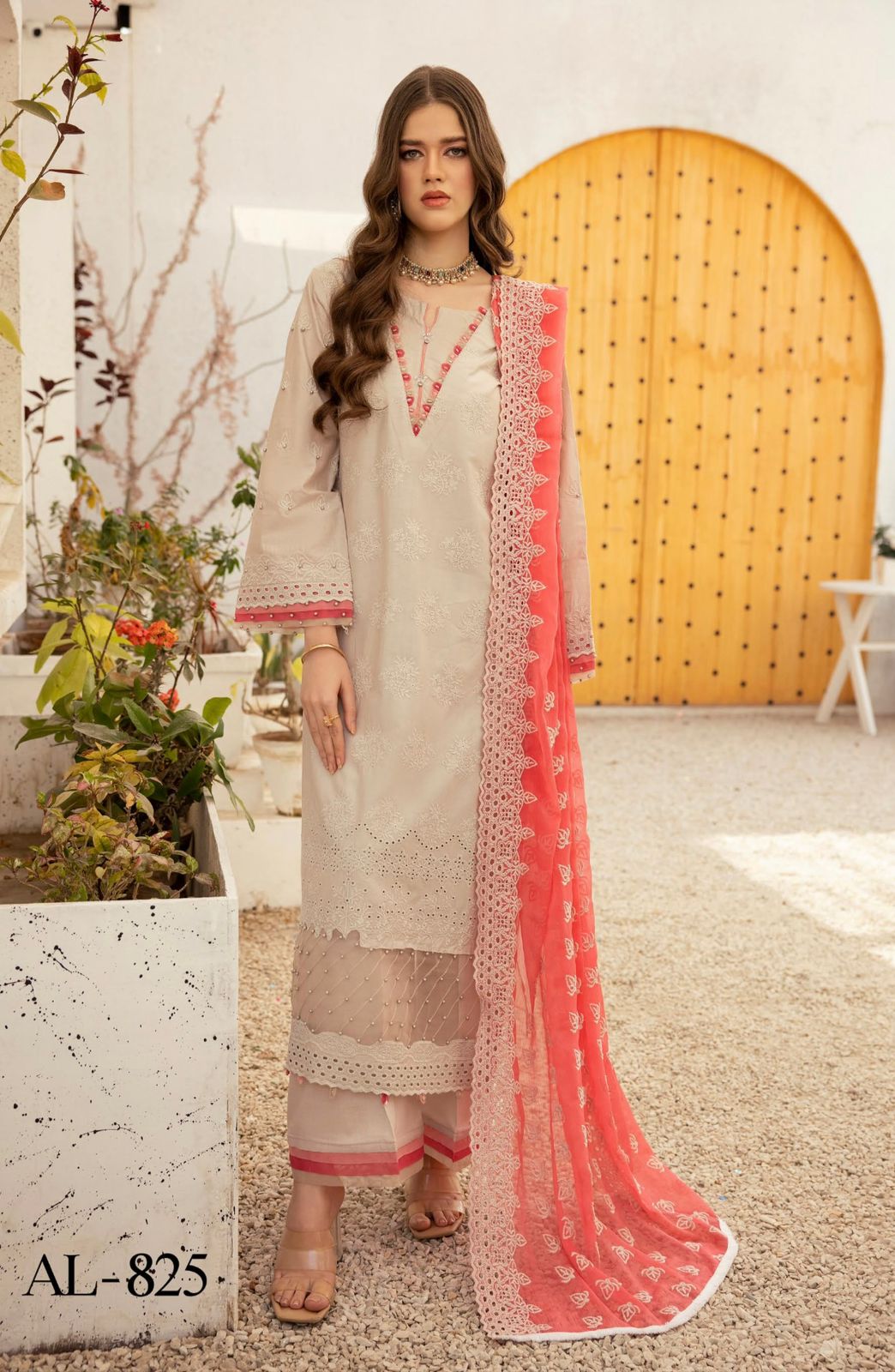 Ally’s Chikankari Embroidered Shirt with Embroidered Chiffon Dupatta 3 Piece