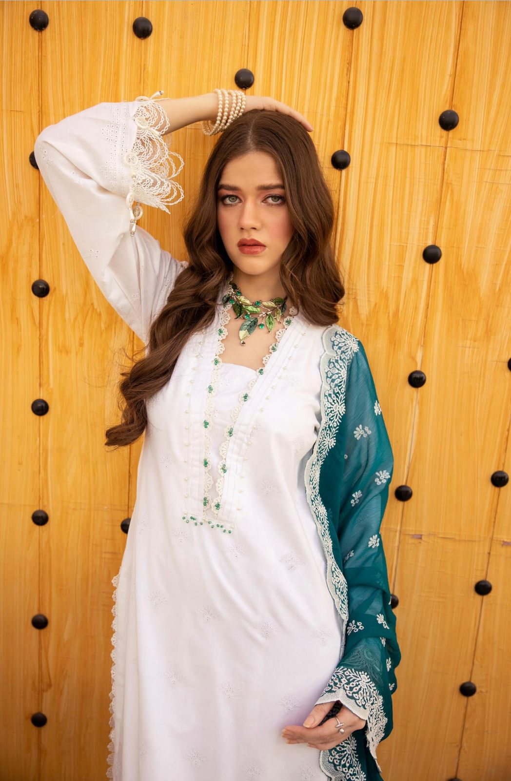 Ally’s Chikankari Embroidered Shirt with Embroidered Chiffon Dupatta 3 Piece