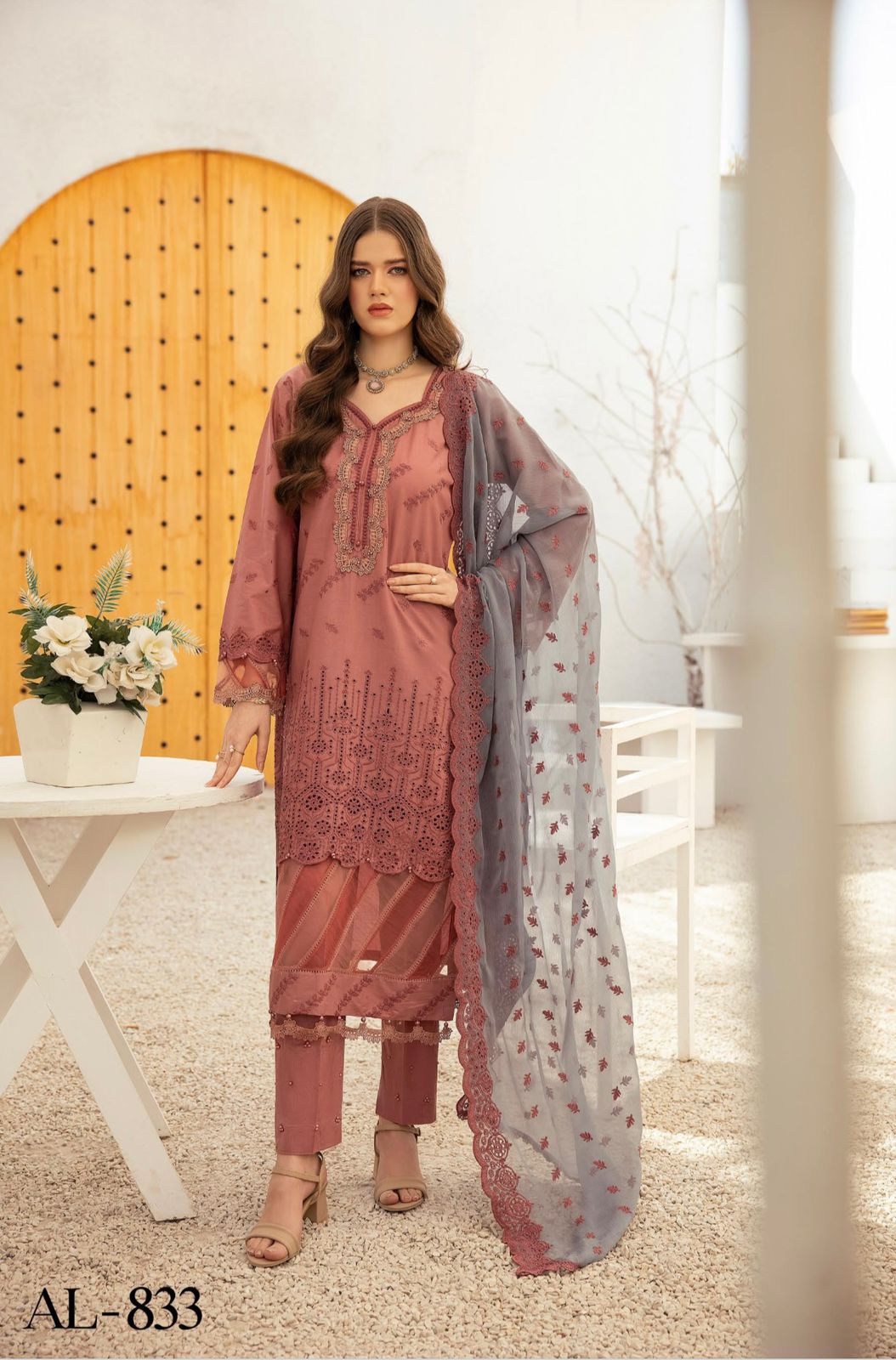 Ally’s Chikankari Embroidered Shirt with Embroidered Chiffon Dupatta 3 Piece