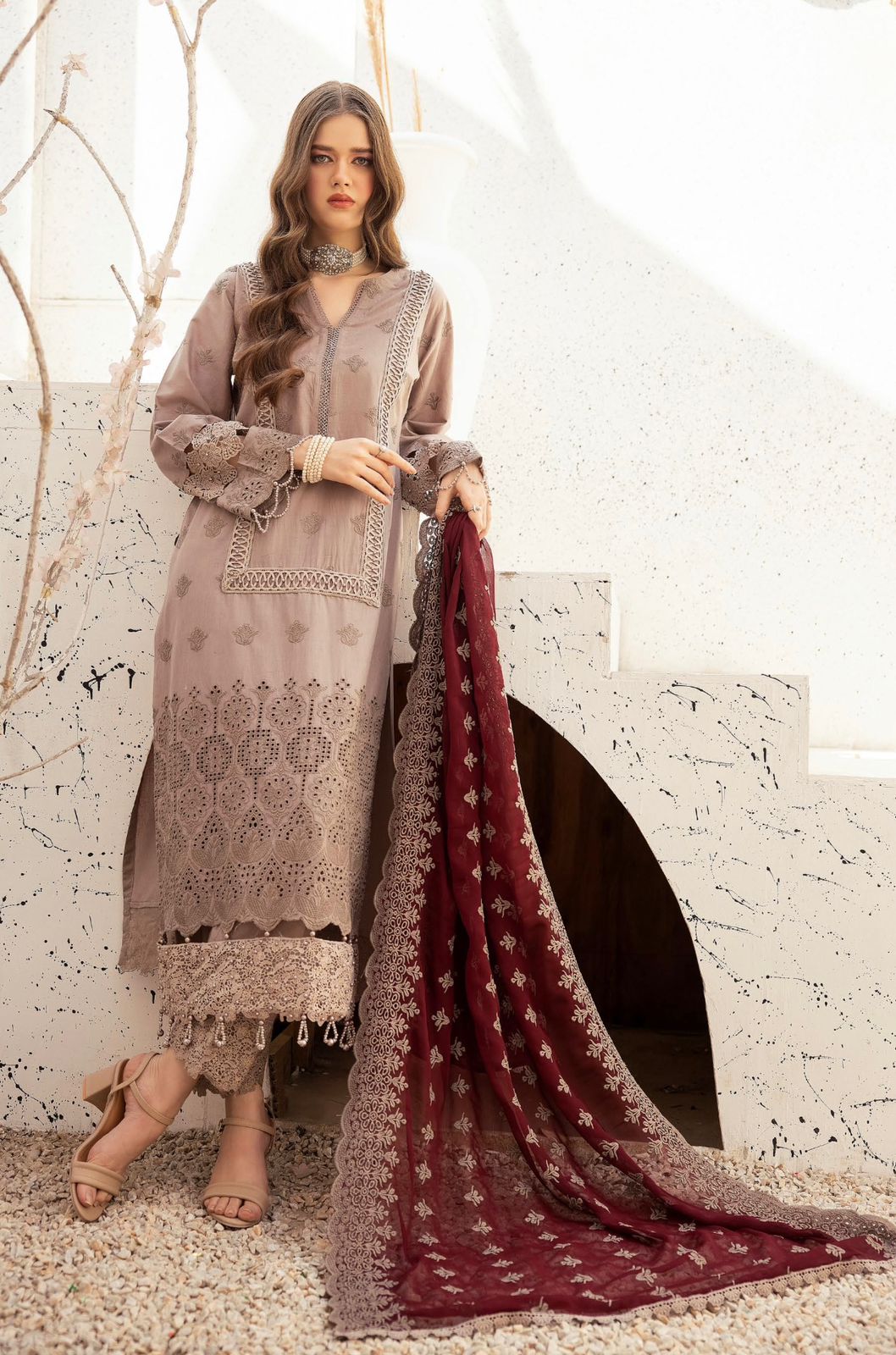 Ally’s Chikankari Embroidered Shirt with Embroidered Chiffon Dupatta 3 Piece