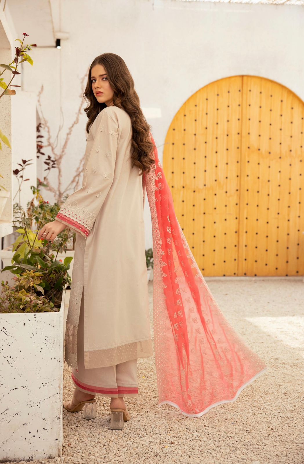 Ally’s Chikankari Embroidered Shirt with Embroidered Chiffon Dupatta 3 Piece