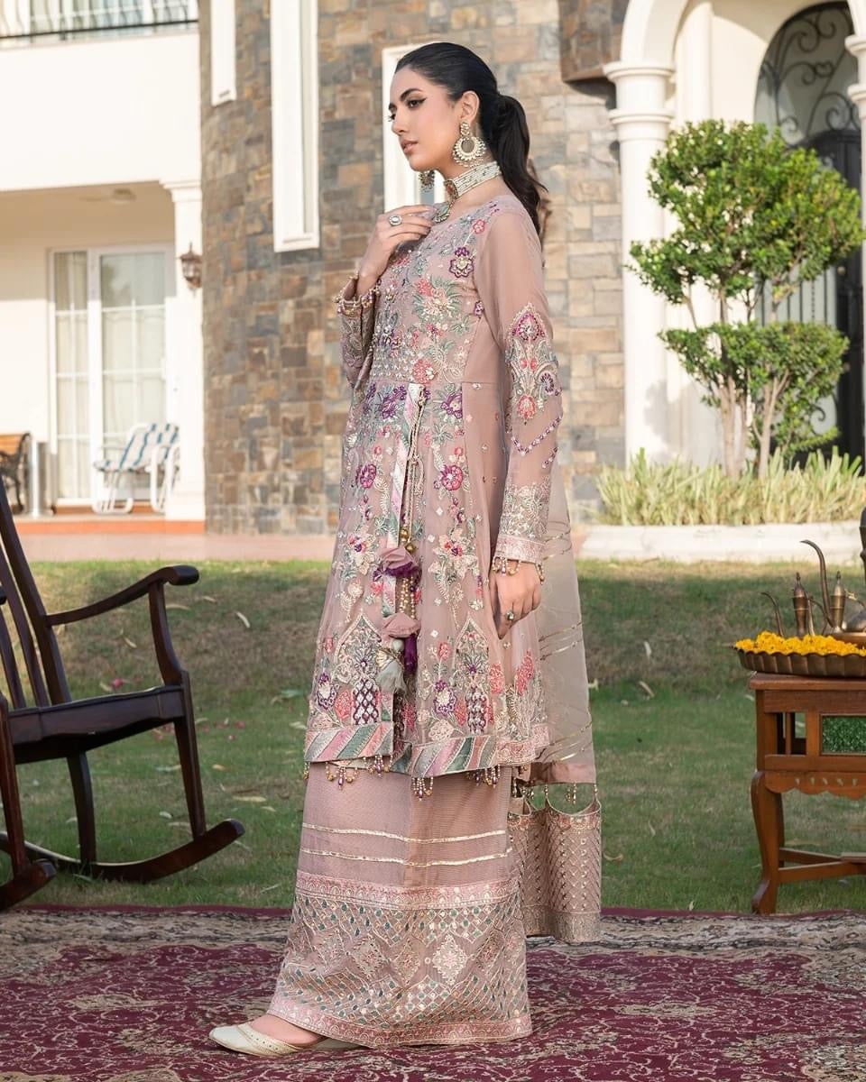 Ally's Chiffon embroidered shirt with embroidered paneling organza dupatta 3 piece