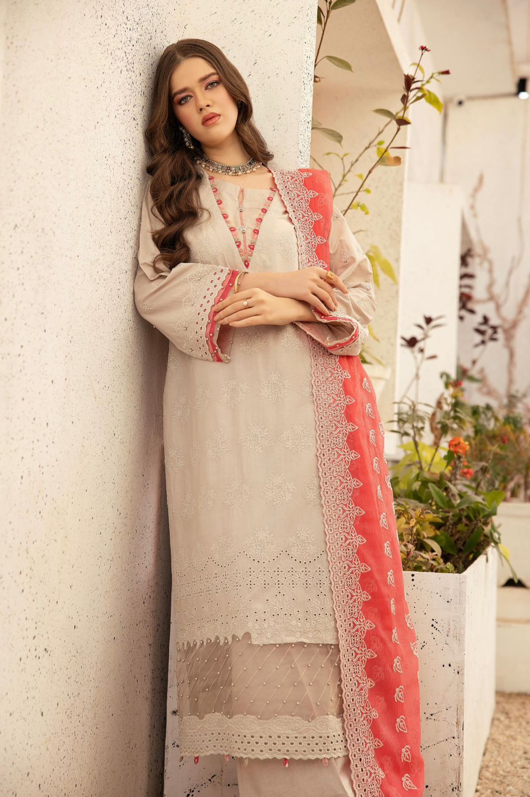 Ally’s Chikankari Embroidered Shirt with Embroidered Chiffon Dupatta 3 Piece