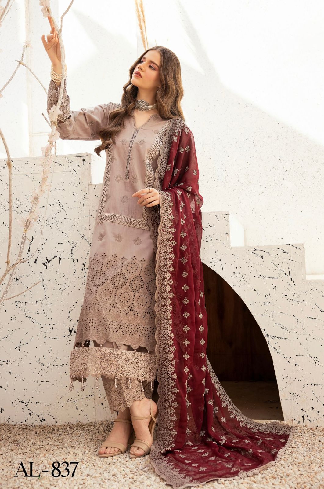 Ally’s Chikankari Embroidered Shirt with Embroidered Chiffon Dupatta 3 Piece